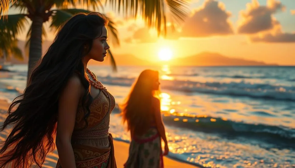 A serene tropical beach at sunset, with gently lapping waves and swaying palm trees in the background. In the foreground, a young woman with long, flowing hair stands contemplatively, facing the ocean. She is dressed in a traditional Polynesian outfit, with intricate patterns and vibrant colors. The lighting is warm and golden, casting a soft glow over the scene. The overall mood is one of tranquility and introspection, reflecting the common mistakes encountered when crafting prompts for Moana-inspired images. A serene tropical beach at sunset, with gently lapping waves and swaying palm trees in the background. In the foreground, a young woman with long, flowing hair stands contemplatively, facing the ocean. She is dressed in a traditional Polynesian outfit, with intricate patterns and vibrant colors. The lighting is warm and golden, casting a soft glow over the scene. The overall mood is one of tranquility and introspection, reflecting the common mistakes encountered when crafting prompts for Moana-inspired images.