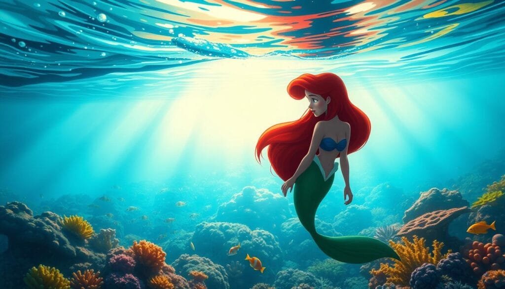 A serene undersea scene, the iconic silhouette of Ariel the mermaid emerging from the shimmering azure waters. Her flowing auburn hair and vibrant green tail gracefully sway, as she gazes thoughtfully towards the surface. Sunlight dapples through the waves, casting a warm, ethereal glow across the scene. Coral reefs and schools of tropical fish populate the lush, verdant seascape in the middle ground, while the distant background fades into a hazy blue horizon. An enchanting, whimsical atmosphere permeates the image, capturing the essence of "The Little Mermaid" with a artful, painterly aesthetic.