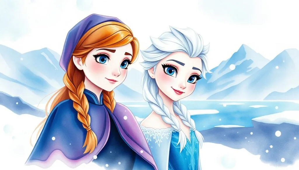 A serene watercolor painting of the iconic Frozen characters Anna and Elsa. The sisters stand amidst a whimsical, icy landscape, their features softened by the delicate, fluid brushstrokes. Snowflakes dance in the air, giving the scene a dreamlike, ethereal quality. Warm hues of blue, purple, and indigo create a sense of tranquility, while subtle gradients and blurred edges evoke the medium's natural imperfections. The composition is balanced, with the characters positioned in the foreground, framed by a hazy, out-of-focus background of snowy mountains and a frozen lake. Soft, diffused lighting casts a gentle glow, enhancing the watercolor's inherent luminosity and transparency.