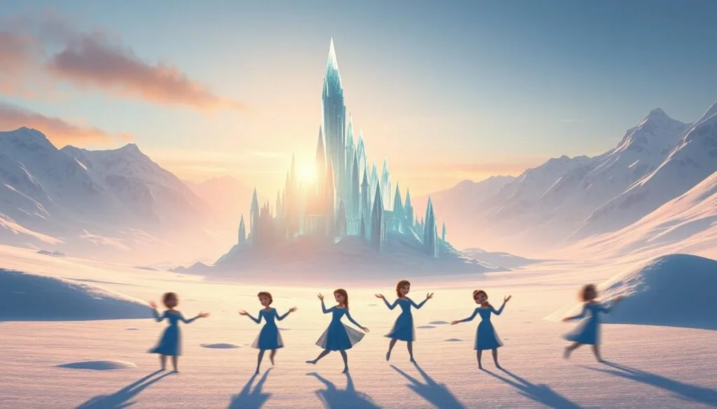 A serene winter landscape with a majestic ice palace in the center, inspired by the iconic Disney film Frozen. The palace is a towering structure of translucent ice crystals, reflecting the soft, warm glow of the setting sun. In the foreground, a group of playful snow sprites dance and frolic, their movements captured in a blur of motion. The background features a mountainous terrain, covered in a pristine blanket of snow, with distant peaks reaching towards the sky. The overall scene conveys a sense of wonder, magic, and the captivating beauty of the Frozen world.