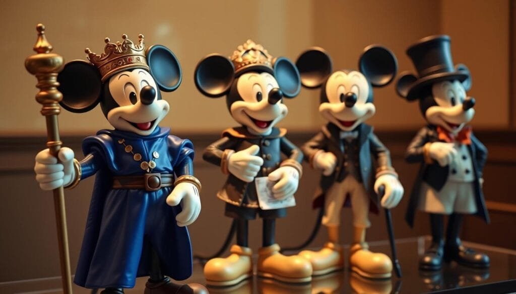 A series of Mickey Mouse figures, each representing a different historical era. In the foreground, a medieval Mickey in a royal blue tunic and crown, wielding a scepter. In the middle ground, a Renaissance Mickey in an ornate doublet and hose, holding a quill and parchment. In the background, a Victorian Mickey in a frock coat and top hat, leaning on a cane. Soft, warm lighting illuminates the figures, creating a sense of timeless elegance. The overall composition evokes a museum display or stately portrait gallery, showcasing Mickey's versatility and enduring appeal across the ages. A series of Mickey Mouse figures, each representing a different historical era. In the foreground, a medieval Mickey in a royal blue tunic and crown, wielding a scepter. In the middle ground, a Renaissance Mickey in an ornate doublet and hose, holding a quill and parchment. In the background, a Victorian Mickey in a frock coat and top hat, leaning on a cane. Soft, warm lighting illuminates the figures, creating a sense of timeless elegance. The overall composition evokes a museum display or stately portrait gallery, showcasing Mickey's versatility and enduring appeal across the ages.
