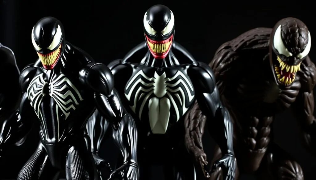 A series of distinct Venom figures across different eras, showcasing the evolution of this iconic Marvel character. In the foreground, a sleek, modern Venom with a shimmering black symbiote suit, its alien tendrils writhing menacingly. In the middle ground, a more classic interpretation of Venom, with a more defined musculature and sharp fangs. In the background, a vintage Venom from the 1980s or 1990s, with a rougher, more textured appearance. The lighting casts dramatic shadows, creating a sense of depth and emphasizing the distinct visual styles. The overall atmosphere is dark, gritty, and unsettling, reflecting the sinister nature of the Venom character across different eras.