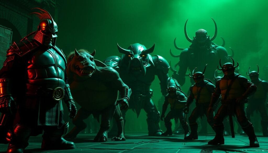 A sinister gathering of villainous mutants from the Teenage Mutant Ninja Turtles universe. In the foreground, the cunning Shredder stands tall, his menacing armor gleaming in the dim light. Flanking him, the mutant warthog Bebop and rhinoceros Rocksteady leer menacingly, their mutated forms a testament to the Foot Clan's twisted experiments. In the middle ground, the alien brain creatures Krang operate their fearsome android body, its metallic tentacles ready to strike. In the shadowy background, the Foot Ninja lurk, their dark uniforms blending into the ominous atmosphere. An eerie green glow casts an unsettling pallor over the entire scene, hinting at the otherworldly forces at work. Dramatic high-contrast lighting and a moody, cinematic composition heighten the sense of impending danger.