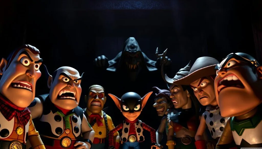 A sinister group of Toy Story villains, their malevolent forms looming large in the foreground. In the middle ground, a grim, shadowy toybox backdrop, its edges creeping with ominous darkness. The lighting is dramatic, casting deep, dramatic shadows that heighten the sense of foreboding. The villains' expressions are twisted with malice, their features sharply defined, as if lit by an eerie, otherworldly glow. The overall mood is one of dread and apprehension, setting the stage for a confrontation between the protagonists and these nefarious toy antagonists.