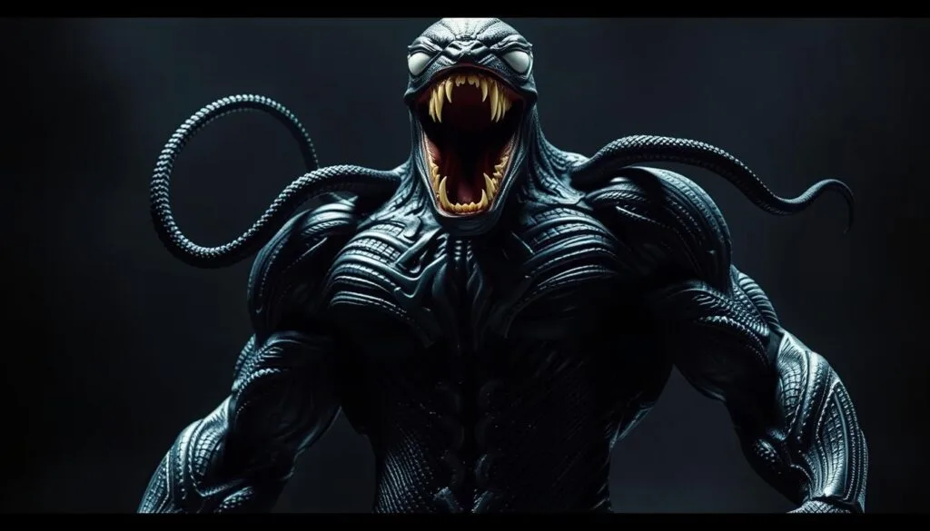A sinister, muscular figure looms large in the foreground, its black, symbiotic suit glistening under dramatic lighting. Tendrils of the alien symbiote snake across its body, conveying a sense of raw power and primal energy. In the middle ground, the creature's head is tilted back, its mouth open in a primal roar, revealing rows of sharp, jagged teeth. The background is obscured in a dark, moody atmosphere, hinting at the character's ominous nature and the danger that lurks within. The scene is captured with a cinematic, high-contrast lens, emphasizing the dramatic, larger-than-life presence of this iconic Marvel anti-hero.