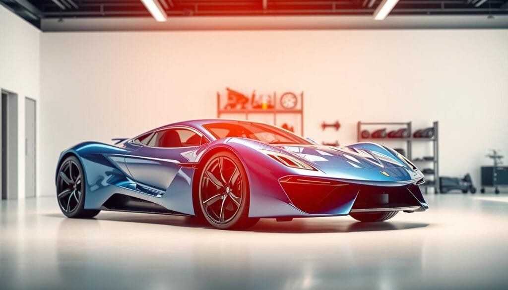A sleek and futuristic sports car commands the foreground, its metallic azure body gleaming under the warm, diffused lighting of a modern automotive showroom. The car's aggressive yet elegant design features are highlighted by precisely angled photographic composition, emphasizing its aerodynamic curves and advanced technological details. In the middle ground, an array of car parts and components are displayed, representing the intricate engineering behind the vehicle. The background softly fades into a minimalist, white-washed studio setting, creating a sense of clean, professional sophistication. This image conveys the notion of "Advanced Techniques for Perfecting Car Prompts" - a blend of technical mastery, aesthetic refinement, and a deep understanding of automotive design.