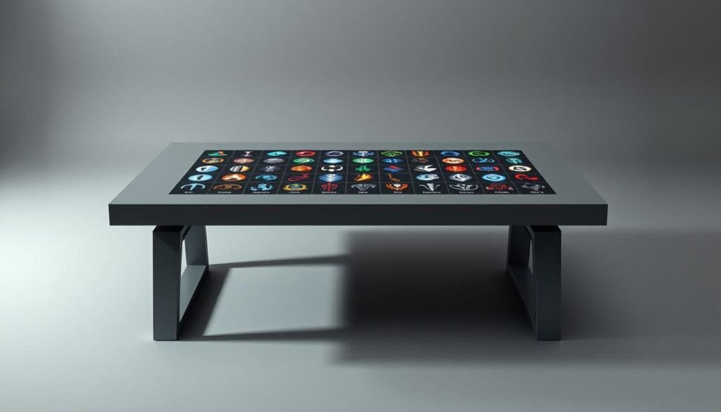 A sleek and modern table, meticulously crafted with clean lines and a minimalist aesthetic, serves as the centerpiece of the composition. The table's surface is adorned with a grid-like arrangement of icons, each representing a distinct League of Legends champion or game element. The icons are rendered in a vibrant, high-contrast palette, capturing the energy and dynamism of the game. The table is positioned in a well-lit studio setting, with soft, directional lighting that creates subtle shadows and highlights the table's materiality. The background is a muted, neutral tone, allowing the table and its contents to take center stage and command the viewer's attention. The overall mood is one of authority, organization, and a comprehensive exploration of the game's diverse elements. A sleek and modern table, meticulously crafted with clean lines and a minimalist aesthetic, serves as the centerpiece of the composition. The table's surface is adorned with a grid-like arrangement of icons, each representing a distinct League of Legends champion or game element. The icons are rendered in a vibrant, high-contrast palette, capturing the energy and dynamism of the game. The table is positioned in a well-lit studio setting, with soft, directional lighting that creates subtle shadows and highlights the table's materiality. The background is a muted, neutral tone, allowing the table and its contents to take center stage and command the viewer's attention. The overall mood is one of authority, organization, and a comprehensive exploration of the game's diverse elements.