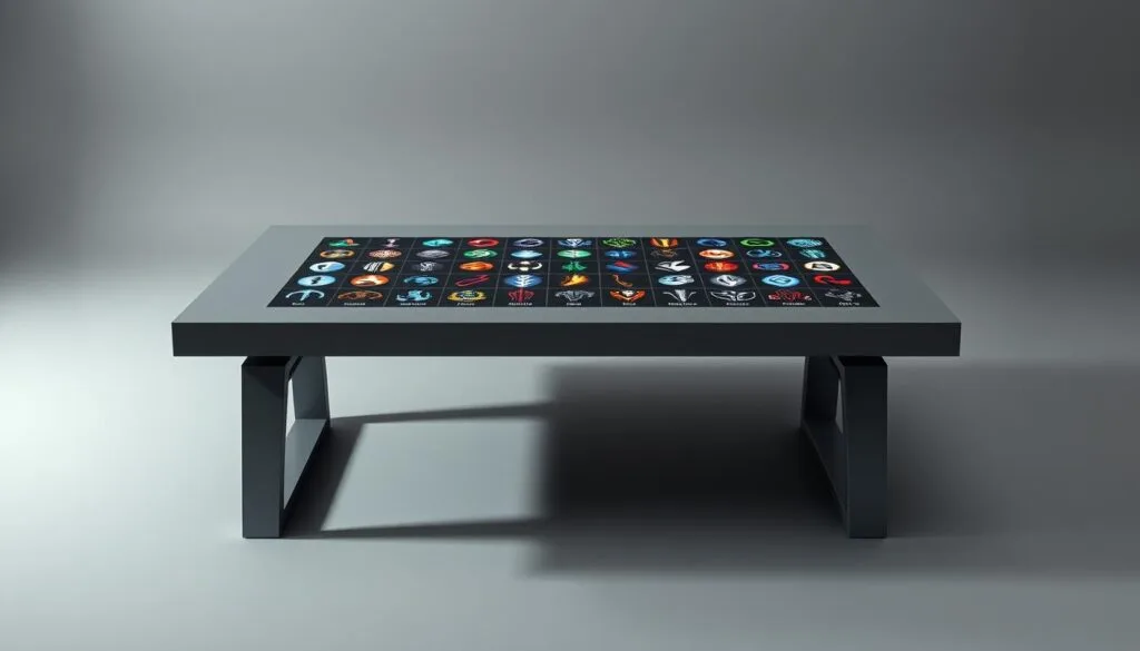 A sleek and modern table, meticulously crafted with clean lines and a minimalist aesthetic, serves as the centerpiece of the composition. The table's surface is adorned with a grid-like arrangement of icons, each representing a distinct League of Legends champion or game element. The icons are rendered in a vibrant, high-contrast palette, capturing the energy and dynamism of the game. The table is positioned in a well-lit studio setting, with soft, directional lighting that creates subtle shadows and highlights the table's materiality. The background is a muted, neutral tone, allowing the table and its contents to take center stage and command the viewer's attention. The overall mood is one of authority, organization, and a comprehensive exploration of the game's diverse elements.