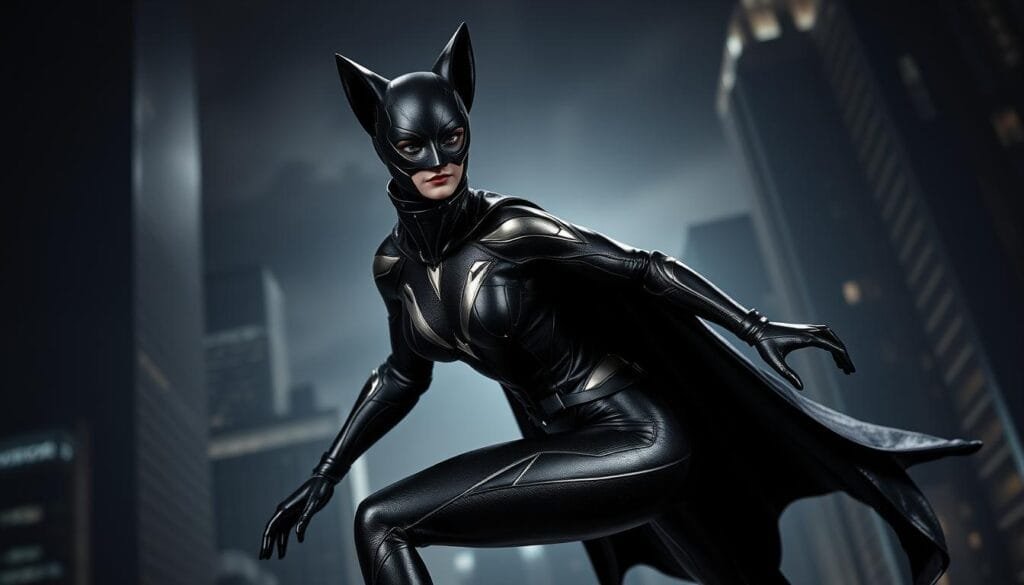 A sleek, black catsuit with bold, geometric patterns and metallic accents, complemented by a pair of sharply pointed ears and a flowing cape that cascades behind the figure. The suit hugs the curves of the body, highlighting the agility and grace of the wearer. Dramatic lighting illuminates the suit's textures, creating a sense of depth and dimension. The figure is posed in a dynamic, action-oriented stance, ready to pounce or leap, capturing the essence of Catwoman's feline-inspired prowess. The background is a shadowy, urban landscape, with towering skyscrapers and a moody, atmospheric lighting that lends an air of mystery and intrigue to the scene.