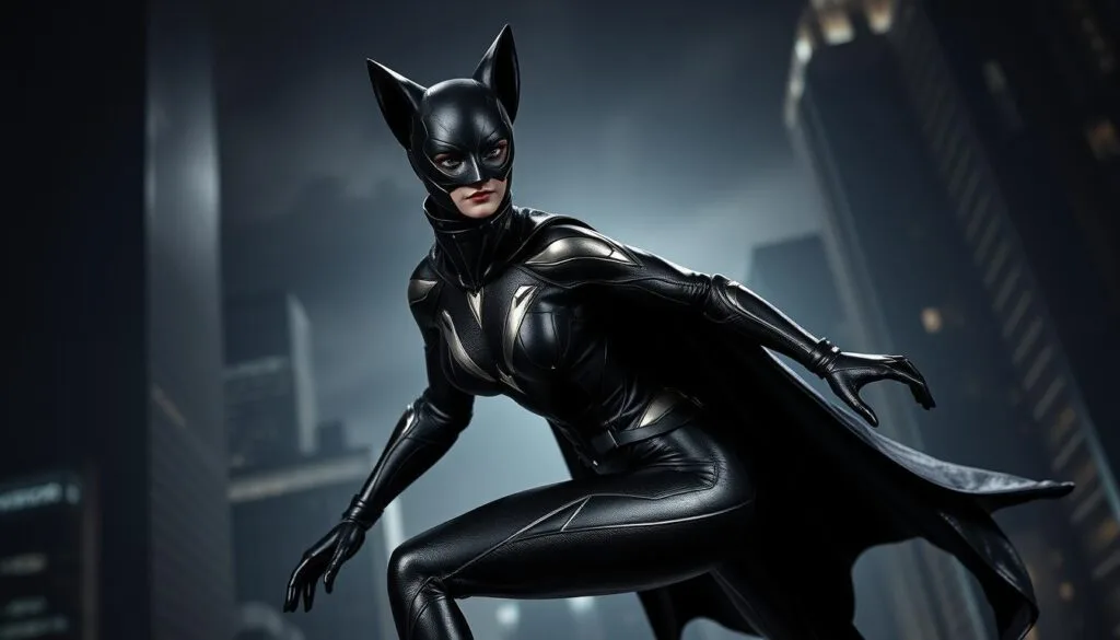 A sleek, black catsuit with bold, geometric patterns and metallic accents, complemented by a pair of sharply pointed ears and a flowing cape that cascades behind the figure. The suit hugs the curves of the body, highlighting the agility and grace of the wearer. Dramatic lighting illuminates the suit's textures, creating a sense of depth and dimension. The figure is posed in a dynamic, action-oriented stance, ready to pounce or leap, capturing the essence of Catwoman's feline-inspired prowess. The background is a shadowy, urban landscape, with towering skyscrapers and a moody, atmospheric lighting that lends an air of mystery and intrigue to the scene. A sleek, black catsuit with bold, geometric patterns and metallic accents, complemented by a pair of sharply pointed ears and a flowing cape that cascades behind the figure. The suit hugs the curves of the body, highlighting the agility and grace of the wearer. Dramatic lighting illuminates the suit's textures, creating a sense of depth and dimension. The figure is posed in a dynamic, action-oriented stance, ready to pounce or leap, capturing the essence of Catwoman's feline-inspired prowess. The background is a shadowy, urban landscape, with towering skyscrapers and a moody, atmospheric lighting that lends an air of mystery and intrigue to the scene.
