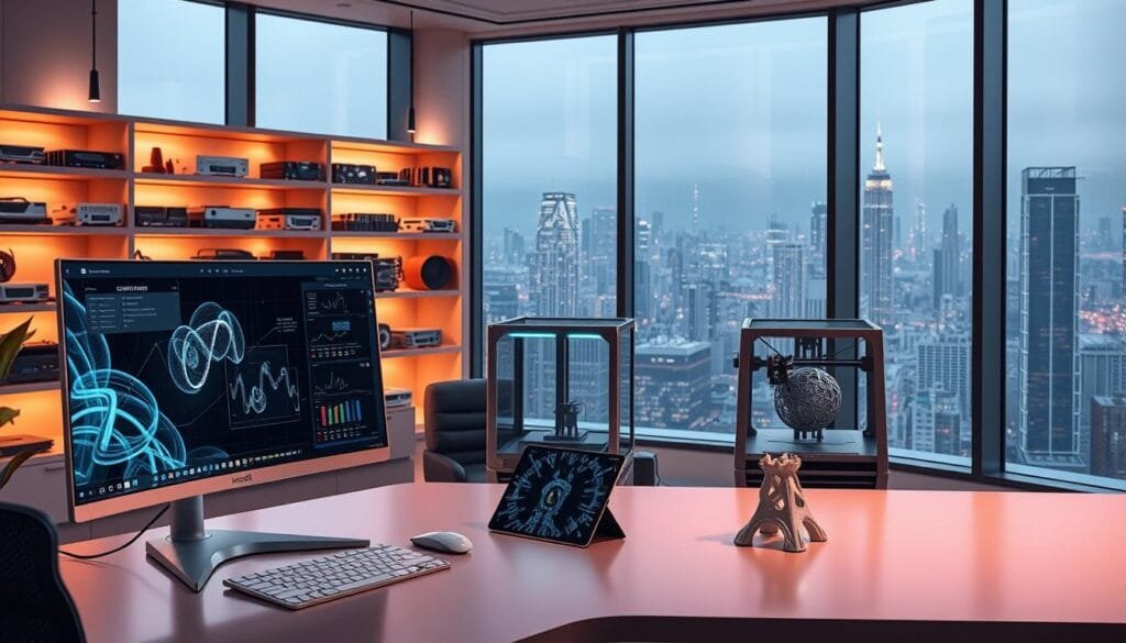 A sleek, futuristic workspace filled with cutting-edge AI tools. In the foreground, a stylish desktop computer with a curved ultrawide monitor displays intricate data visualizations. Beside it, a high-tech tablet and stylus await creative input. In the middle ground, a 3D printer hums, producing intricate digital creations. The background features shelves stocked with impressive AI hardware - GPUs, neural network accelerators, and more. Warm, ambient lighting casts a sophisticated glow, while large windows offer a panoramic view of a modern, bustling city skyline. The overall atmosphere exudes a sense of innovation, technology, and the endless possibilities of AI-powered design.