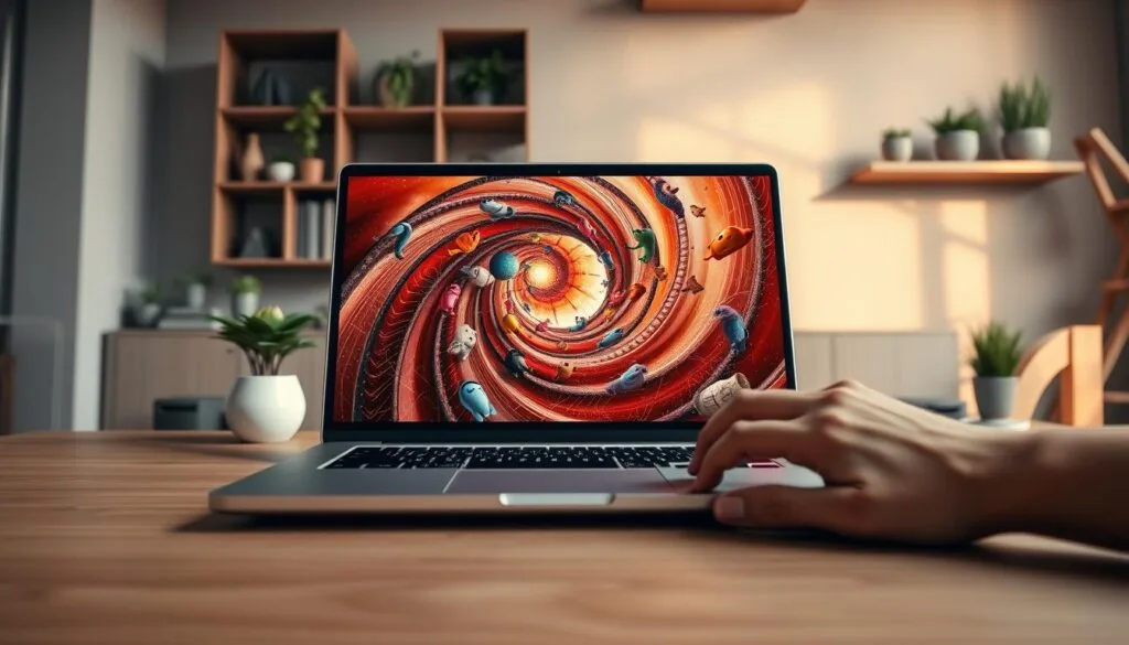 A sleek, metallic laptop display dominates the foreground, its screen showcasing a swirling vortex of colorful AI-generated characters from the animated film "Encanto". In the middle ground, a person's hands deftly type on the keyboard, optimizing the prompt to refine the image. The background features a minimalist office setting with geometric shelves, potted plants, and muted tones, creating a sense of focus and productivity. Warm, directional lighting casts subtle shadows, accentuating the curves of the devices. The overall atmosphere conveys the idea of carefully crafting prompts to generate visually striking, AI-powered imagery for various platforms. A sleek, metallic laptop display dominates the foreground, its screen showcasing a swirling vortex of colorful AI-generated characters from the animated film "Encanto". In the middle ground, a person's hands deftly type on the keyboard, optimizing the prompt to refine the image. The background features a minimalist office setting with geometric shelves, potted plants, and muted tones, creating a sense of focus and productivity. Warm, directional lighting casts subtle shadows, accentuating the curves of the devices. The overall atmosphere conveys the idea of carefully crafting prompts to generate visually striking, AI-powered imagery for various platforms.
