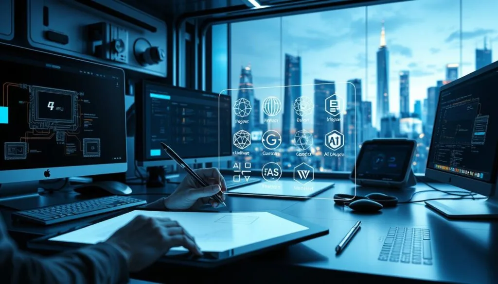 A sleek, metallic workspace with an array of computer screens, digital tablets, and high-tech gadgets. In the foreground, a skilled hand manipulates an AI-powered digital pen, fine-tuning a prompt on the screen. The middle ground features a holographic display showcasing different AI model logos, representing the various platforms for generative image creation. The background is a futuristic cityscape, with towering skyscrapers and glowing neon lights, conveying a sense of innovation and technological advancement. The scene is bathed in a cool, blue-tinted lighting, creating a sophisticated and professional atmosphere. A sleek, metallic workspace with an array of computer screens, digital tablets, and high-tech gadgets. In the foreground, a skilled hand manipulates an AI-powered digital pen, fine-tuning a prompt on the screen. The middle ground features a holographic display showcasing different AI model logos, representing the various platforms for generative image creation. The background is a futuristic cityscape, with towering skyscrapers and glowing neon lights, conveying a sense of innovation and technological advancement. The scene is bathed in a cool, blue-tinted lighting, creating a sophisticated and professional atmosphere.