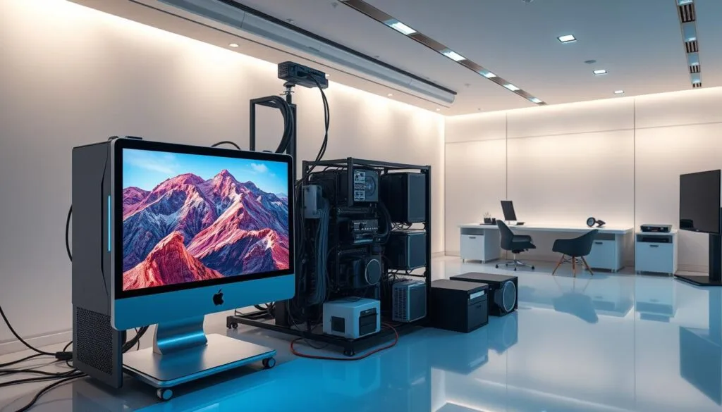 A sleek, modern AI-powered image generation studio. In the foreground, a cutting-edge computer displays a vibrant, photorealistic image, its screen casting a soft glow. The middle ground features an array of advanced hardware components, cables, and cooling systems, all meticulously arranged. In the background, a minimalist workspace with clean lines and neutral tones, conveying a sense of technological sophistication. The scene is illuminated by a combination of directional lighting and ambient luminescence, creating a balanced, professional atmosphere. The overall composition showcases the power and precision of AI-driven image creation.