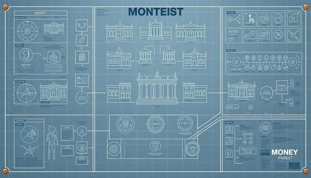 A sleek, modern blueprint schematic of the narrative structure and visual motifs for the acclaimed Spanish heist drama "Money Heist" (La Casa de Papel). The blueprint is rendered in muted tones of gray, blue, and copper, with clean lines and technical diagrams that evoke the precision and planning of the show's complex, multilayered plot. In the foreground, a central grid lays out the key character arcs and interpersonal dynamics. The middle ground features schematics of iconic set pieces like the Mint of Spain and the Bank of Spain, highlighted with cutaway views. The background contains annotated timelines, flow charts, and symbolic icons representing the show's core themes of rebellion, teamwork, and the blurring of moral lines. An atmosphere of calculated intensity and strategic ingenuity pervades the entire composition. A sleek, modern blueprint schematic of the narrative structure and visual motifs for the acclaimed Spanish heist drama "Money Heist" (La Casa de Papel). The blueprint is rendered in muted tones of gray, blue, and copper, with clean lines and technical diagrams that evoke the precision and planning of the show's complex, multilayered plot. In the foreground, a central grid lays out the key character arcs and interpersonal dynamics. The middle ground features schematics of iconic set pieces like the Mint of Spain and the Bank of Spain, highlighted with cutaway views. The background contains annotated timelines, flow charts, and symbolic icons representing the show's core themes of rebellion, teamwork, and the blurring of moral lines. An atmosphere of calculated intensity and strategic ingenuity pervades the entire composition.