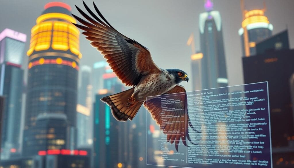 A sleek, sophisticated falcon soars through a vibrant, technological landscape. The falcon's powerful wings span against a backdrop of towering, neon-lit skyscrapers, reflecting the dynamic nature of AI-powered image generation. In the foreground, a holographic interface displays intricate lines of code, representing the optimization of prompts for various AI platforms. The overall composition conveys a sense of innovation, efficiency, and the seamless integration of natural and artificial elements. Soft, diffused lighting casts an ethereal glow, creating a visually striking and immersive scene.