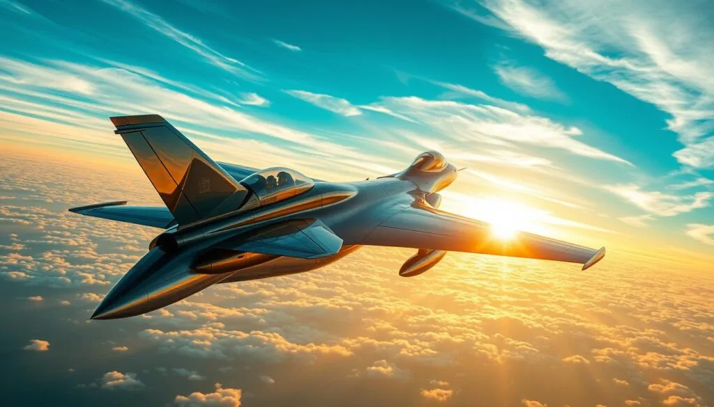 A sleek, supersonic jet cuts through the sky, its wings swept back, engines roaring. In the cockpit, a skilled pilot navigates with precision, performing daring maneuvers against a backdrop of wispy cirrus clouds and a vibrant, azure sky. Rays of golden sunlight filter through, casting a warm glow over the scene. The jet's chrome fuselage reflects the horizon, creating a sense of motion and power. The camera angle captures the thrill of flight, showcasing the aircraft's elegant silhouette and the pilot's unwavering focus. This image embodies the exhilaration and technical mastery of high-speed, aerial combat.