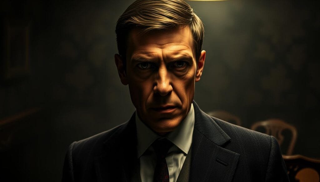 A smartly dressed Arthur Shelby, the brooding patriarch of the Peaky Blinders, stands in a dimly lit, smoky room. His intense gaze is framed by the sharp, angular features of his face, accentuated by the dramatic lighting from a single lamp casting deep shadows. The background is a hazy, moody atmosphere, with the faint outline of a vintage wooden table and chairs, suggesting an exclusive, clandestine meeting place. The overall scene conveys a sense of power, mystery, and the ruthless determination that defines Arthur Shelby and the Peaky Blinders. A smartly dressed Arthur Shelby, the brooding patriarch of the Peaky Blinders, stands in a dimly lit, smoky room. His intense gaze is framed by the sharp, angular features of his face, accentuated by the dramatic lighting from a single lamp casting deep shadows. The background is a hazy, moody atmosphere, with the faint outline of a vintage wooden table and chairs, suggesting an exclusive, clandestine meeting place. The overall scene conveys a sense of power, mystery, and the ruthless determination that defines Arthur Shelby and the Peaky Blinders.