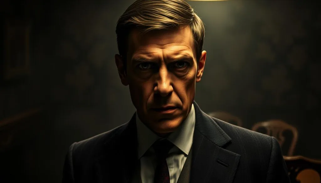A smartly dressed Arthur Shelby, the brooding patriarch of the Peaky Blinders, stands in a dimly lit, smoky room. His intense gaze is framed by the sharp, angular features of his face, accentuated by the dramatic lighting from a single lamp casting deep shadows. The background is a hazy, moody atmosphere, with the faint outline of a vintage wooden table and chairs, suggesting an exclusive, clandestine meeting place. The overall scene conveys a sense of power, mystery, and the ruthless determination that defines Arthur Shelby and the Peaky Blinders.