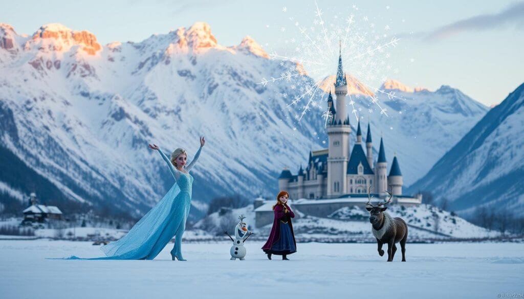A snow-covered landscape with towering mountains in the background, their peaks catching the warm glow of the setting sun. In the foreground, the iconic castle of Arendelle stands proudly, its turrets and spires reflecting the icy blue hues of the frozen fjord. Elsa, the Snow Queen, gracefully raises her arms, conjuring a blizzard of sparkling snowflakes that dance through the air, surrounding the castle in a magical, wintry embrace. Anna, Kristoff, Olaf, and Sven are gathered nearby, their expressions filled with wonder and awe as they witness Elsa's enchanting display. Soft, diffused lighting casts a cozy, cinematic atmosphere, highlighting the intricate details of the characters and the stunning, icy landscape.