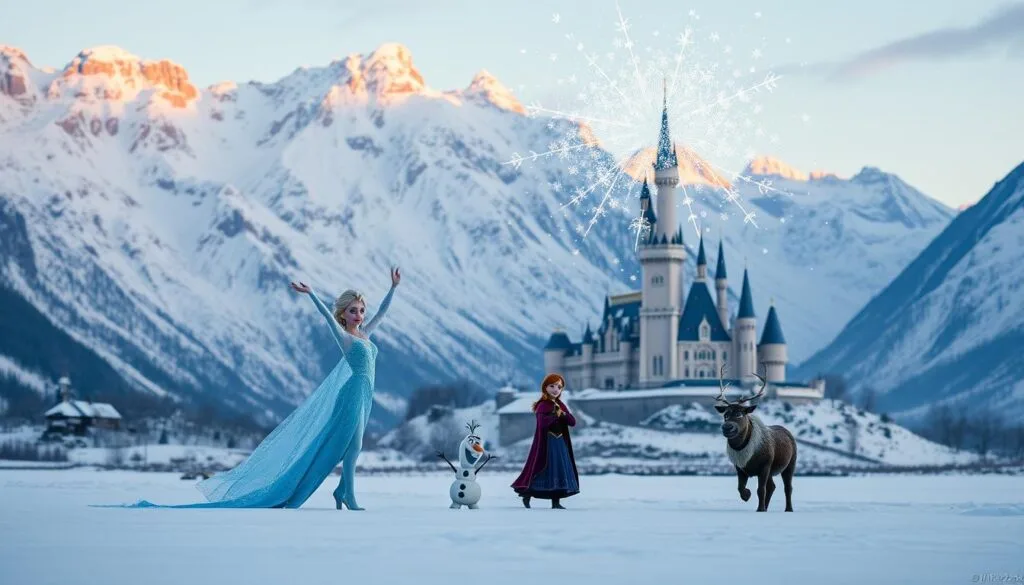 A snow-covered landscape with towering mountains in the background, their peaks catching the warm glow of the setting sun. In the foreground, the iconic castle of Arendelle stands proudly, its turrets and spires reflecting the icy blue hues of the frozen fjord. Elsa, the Snow Queen, gracefully raises her arms, conjuring a blizzard of sparkling snowflakes that dance through the air, surrounding the castle in a magical, wintry embrace. Anna, Kristoff, Olaf, and Sven are gathered nearby, their expressions filled with wonder and awe as they witness Elsa's enchanting display. Soft, diffused lighting casts a cozy, cinematic atmosphere, highlighting the intricate details of the characters and the stunning, icy landscape.