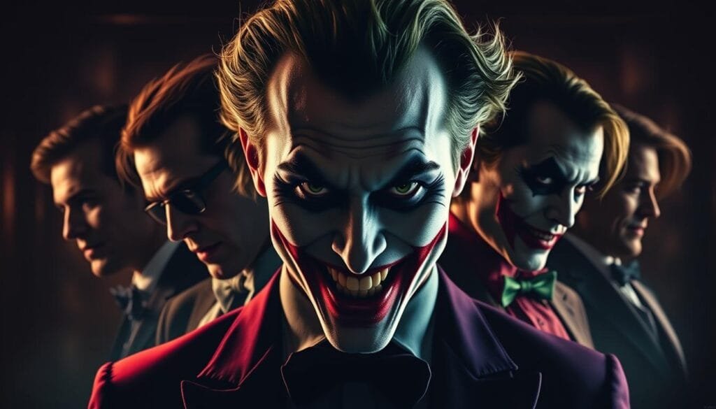 A sophisticated, cinematic portrait of the Joker, showcasing his evolution across various eras. In the foreground, the Joker's iconic features come to life, his menacing gaze and sinister smile capturing the essence of the character. The middle ground reveals subtle details that distinguish his appearances - the changing hairstyles, makeup, and costumes that reflect the different time periods. The background is a moody, atmospheric setting, with a mix of warm and cool lighting that casts dramatic shadows, creating a sense of depth and mystery. The overall composition conveys the Joker's timeless, multifaceted nature, blending his classic comic book origins with a more modern, cinematic interpretation. A sophisticated, cinematic portrait of the Joker, showcasing his evolution across various eras. In the foreground, the Joker's iconic features come to life, his menacing gaze and sinister smile capturing the essence of the character. The middle ground reveals subtle details that distinguish his appearances - the changing hairstyles, makeup, and costumes that reflect the different time periods. The background is a moody, atmospheric setting, with a mix of warm and cool lighting that casts dramatic shadows, creating a sense of depth and mystery. The overall composition conveys the Joker's timeless, multifaceted nature, blending his classic comic book origins with a more modern, cinematic interpretation.