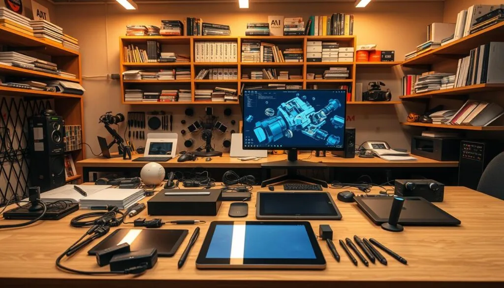 A sophisticated workshop filled with an array of AI-powered image generation tools. In the foreground, a sleek desktop computer with a high-resolution display showcases the latest AI software, while an array of tablets and styluses lay neatly organized, ready for intuitive digital sketching. The middle ground features a tidy workbench adorned with various cables, adapters, and peripherals, hinting at the technical capabilities of these advanced tools. In the background, shelves brimming with technical manuals, reference books, and inspiring visual references create a sense of depth and expertise. Warm, directional lighting casts a productive glow over the scene, and the overall composition conveys a sense of order, innovation, and the boundless creative potential of AI-driven image generation.