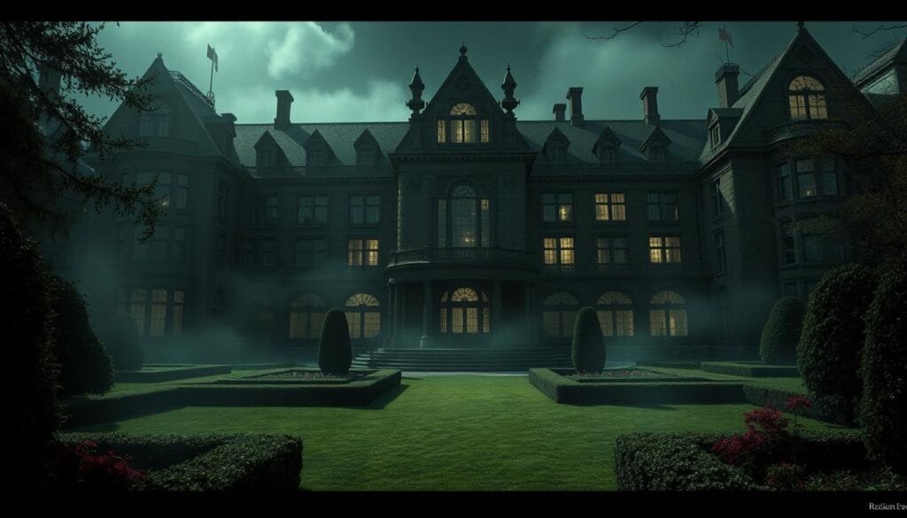 A sprawling Resident Evil mansion, its grand architecture steeped in shadow and mystery. Manicured gardens lead to an imposing structure, its facade adorned with gothic flourishes. Curtains of mist obscure the grounds, lending an eerie, foreboding atmosphere. Through narrow windows, glimpses of dimly lit laboratories come into view, their sterile confines holding untold horrors. A sense of unease permeates the scene, as if dark experiments lurk within the bowels of this cursed estate. Harsh, dramatic lighting casts dramatic shadows, heightening the tension. This is a world of dread and the unknown, where unspeakable horrors await those who dare to trespass. A sprawling Resident Evil mansion, its grand architecture steeped in shadow and mystery. Manicured gardens lead to an imposing structure, its facade adorned with gothic flourishes. Curtains of mist obscure the grounds, lending an eerie, foreboding atmosphere. Through narrow windows, glimpses of dimly lit laboratories come into view, their sterile confines holding untold horrors. A sense of unease permeates the scene, as if dark experiments lurk within the bowels of this cursed estate. Harsh, dramatic lighting casts dramatic shadows, heightening the tension. This is a world of dread and the unknown, where unspeakable horrors await those who dare to trespass.
