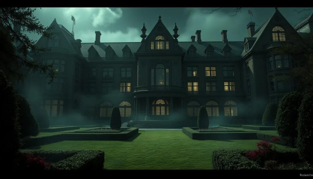 A sprawling Resident Evil mansion, its grand architecture steeped in shadow and mystery. Manicured gardens lead to an imposing structure, its facade adorned with gothic flourishes. Curtains of mist obscure the grounds, lending an eerie, foreboding atmosphere. Through narrow windows, glimpses of dimly lit laboratories come into view, their sterile confines holding untold horrors. A sense of unease permeates the scene, as if dark experiments lurk within the bowels of this cursed estate. Harsh, dramatic lighting casts dramatic shadows, heightening the tension. This is a world of dread and the unknown, where unspeakable horrors await those who dare to trespass.