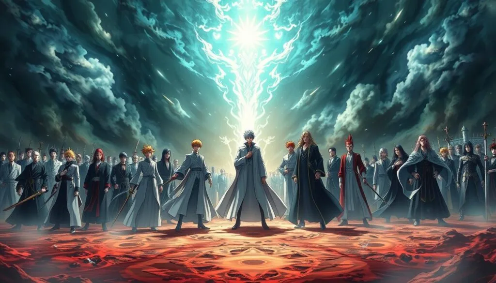 A sprawling battlefield in the mystical realm of Bleach, where the legendary Shinigami of the Gotei 13 stand united. In the center, the captains and lieutenants, their distinct uniforms and unique zanpakuto blades gleaming under dramatic lighting. Surrounding them, the noble guardians of the Soul Society - Shinigami of various ranks, each with their own distinct powers and abilities, poised to defend their world against the forces of darkness. The scene is bathed in an ethereal glow, the atmosphere charged with the weight of their solemn duty. Intricate details of the Shinigami uniforms, facial features, and spiritual energy radiate from the canvas, capturing the essence of this iconic anime universe.