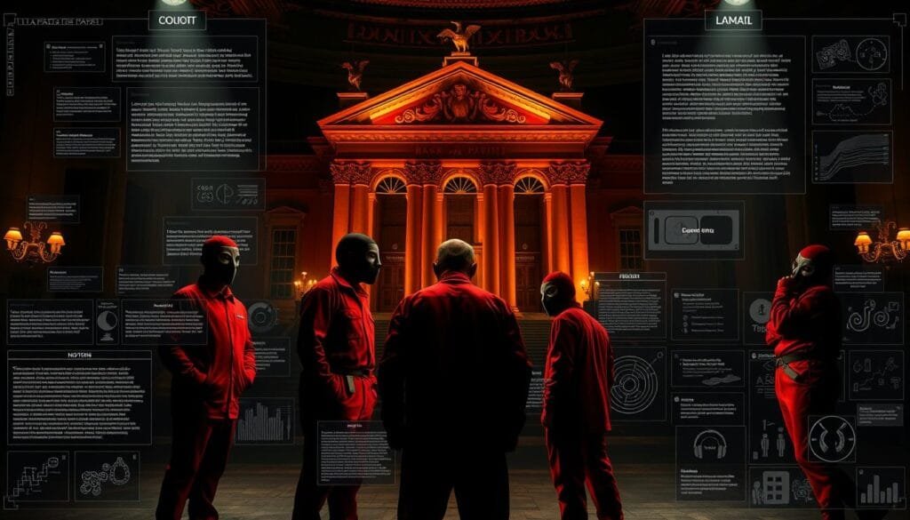 A sprawling blueprint of advanced prompt techniques for the hit TV series "Money Heist" (La Casa de Papel). In the foreground, a group of robbers in their iconic red jumpsuits and Salvador Dalí masks plot their next daring heist, illuminated by dramatic chiaroscuro lighting. The middle ground features an array of AI-generated visuals, from intricate text prompts to visual analysis of successful prompts. In the background, the iconic Bank of Spain looms, its ornate architecture bathed in an ominous yet captivating atmosphere. The entire scene conveys a sense of strategic planning, technological innovation, and the high-stakes world of the show's criminal mastermind protagonists.