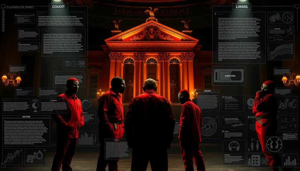 A sprawling blueprint of advanced prompt techniques for the hit TV series "Money Heist" (La Casa de Papel). In the foreground, a group of robbers in their iconic red jumpsuits and Salvador Dalí masks plot their next daring heist, illuminated by dramatic chiaroscuro lighting. The middle ground features an array of AI-generated visuals, from intricate text prompts to visual analysis of successful prompts. In the background, the iconic Bank of Spain looms, its ornate architecture bathed in an ominous yet captivating atmosphere. The entire scene conveys a sense of strategic planning, technological innovation, and the high-stakes world of the show's criminal mastermind protagonists. A sprawling blueprint of advanced prompt techniques for the hit TV series "Money Heist" (La Casa de Papel). In the foreground, a group of robbers in their iconic red jumpsuits and Salvador Dalí masks plot their next daring heist, illuminated by dramatic chiaroscuro lighting. The middle ground features an array of AI-generated visuals, from intricate text prompts to visual analysis of successful prompts. In the background, the iconic Bank of Spain looms, its ornate architecture bathed in an ominous yet captivating atmosphere. The entire scene conveys a sense of strategic planning, technological innovation, and the high-stakes world of the show's criminal mastermind protagonists.