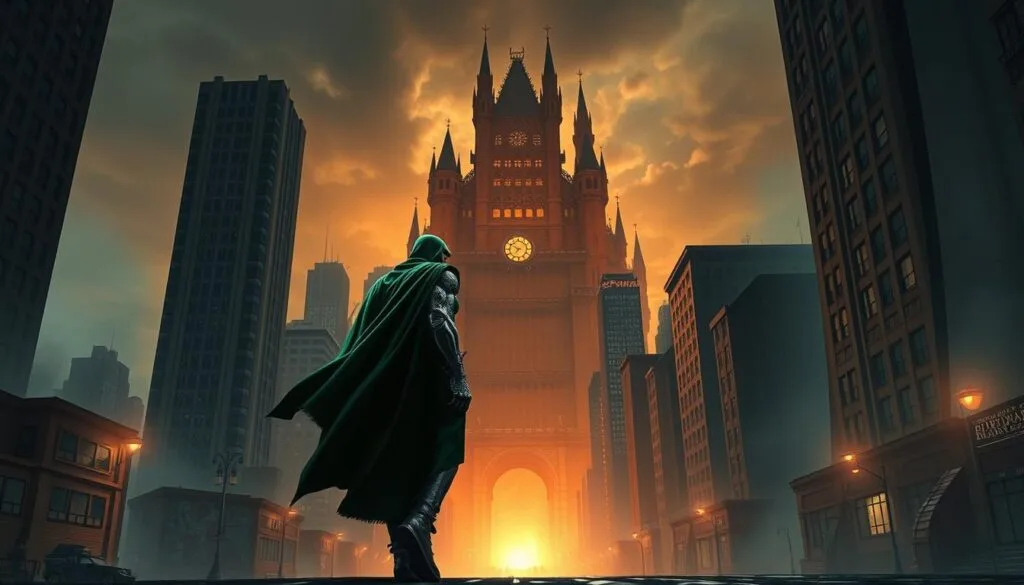 A sprawling, cinematic narrative unfolds in an ominous, dystopian cityscape. In the foreground, Doctor Doom, his iconic emerald cloak billowing, strides purposefully through a maze of shadowy alleyways. Towering skyscrapers loom in the middle ground, their angular silhouettes bathed in an eerie, amber glow. In the distant background, a looming castle-like fortress casts an ominous presence, hinting at Doom's sinister schemes. The scene is infused with a sense of foreboding and high drama, the lighting and camera angles evoking a comic book-inspired aesthetic. Dramatic, low-angle shots emphasize Doom's imposing presence and air of menace, as he navigates this dystopian landscape on a mission of conquest or revenge. A sprawling, cinematic narrative unfolds in an ominous, dystopian cityscape. In the foreground, Doctor Doom, his iconic emerald cloak billowing, strides purposefully through a maze of shadowy alleyways. Towering skyscrapers loom in the middle ground, their angular silhouettes bathed in an eerie, amber glow. In the distant background, a looming castle-like fortress casts an ominous presence, hinting at Doom's sinister schemes. The scene is infused with a sense of foreboding and high drama, the lighting and camera angles evoking a comic book-inspired aesthetic. Dramatic, low-angle shots emphasize Doom's imposing presence and air of menace, as he navigates this dystopian landscape on a mission of conquest or revenge.