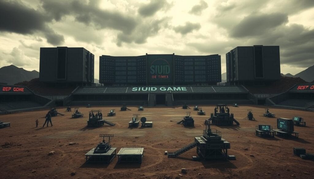 A sprawling, dystopian arena set against an ominous, overcast sky. The iconic, retro-inspired architecture of the Squid Game compound stands in sharp contrast, its geometric facades casting long shadows across the desolate landscape. In the foreground, a series of elaborately designed game stations and obstacles litter the ground, hinting at the twisted challenges that await the contestants. Harsh, directional lighting illuminates the scene, creating a sense of heightened drama and tension. The camera angles shift, cycling between low, wide shots that capture the scale of the environment and tighter, more intimate perspectives that draw the viewer into the heart of this twisted spectacle. An oppressive, foreboding atmosphere permeates the entire scene, reflecting the high-stakes, life-or-death nature of the Squid Game competition.
