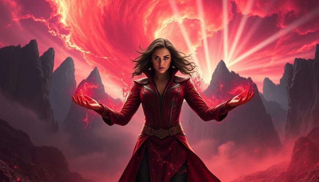 A sprawling, ethereal landscape of swirling crimson energy and cosmic particles, with Scarlet Witch at its center, her hands outstretched, channeling raw magical power. Towering, jagged cliffs rise in the background, cast in dramatic shadows and highlights. The sky is a kaleidoscope of shifting hues, from deep purples to incandescent reds, creating an otherworldly, dreamlike atmosphere. Beams of light pierce through the mist, illuminating Scarlet Witch's determined expression. The scene is imbued with a sense of power, mystery, and the incredible scope of her abilities. Capture this vision with a cinematic, high-resolution style, using a wide-angle lens to emphasize the grandeur of the setting.