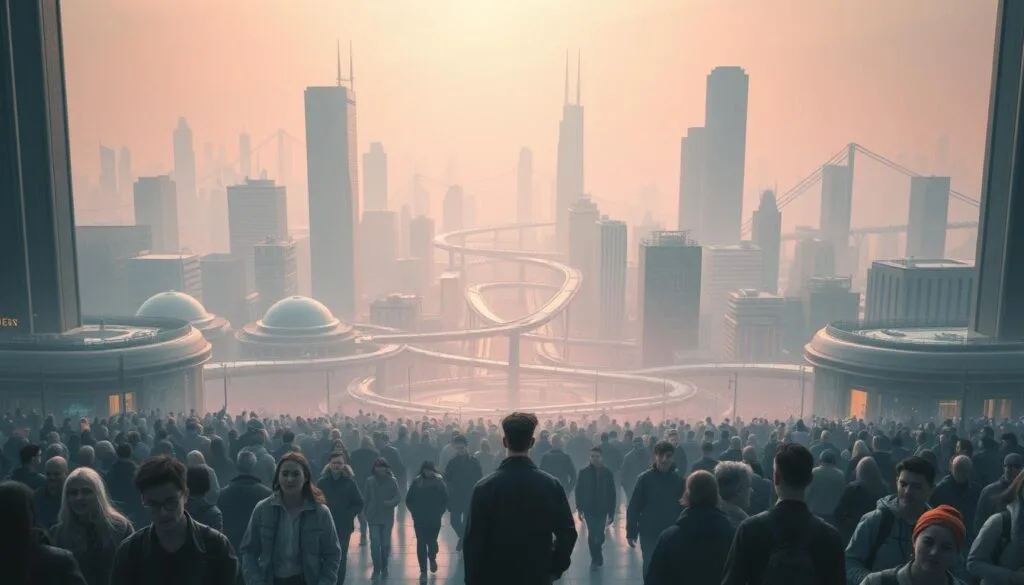 A sprawling, hyper-connected cityscape bathed in an eerie, pastel-hued glow. In the foreground, a lone figure stands amidst a throng of pedestrians, their expression a mask of forced smiles and hollow eyes, reflecting the crushing weight of a social media-driven dystopia. The middle ground reveals a network of skyscrapers and elevated walkways, their sleek, minimalist architecture belying the underlying conformity and surveillance that permeates every aspect of life. In the distant background, a hazy, dreamlike horizon hints at the false promises of technological utopia, as the entire scene conveys a sense of unease and the individual's struggle to maintain authenticity within a world of carefully curated facades.