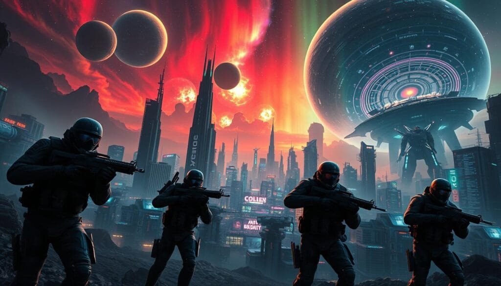 A sprawling, hyper-detailed alternate universe version of the iconic Call of Duty franchise. In the foreground, a squad of highly specialized soldiers in futuristic tactical gear, wielding a diverse array of next-gen energy weapons and advanced tech. The middle ground features a dystopian cityscape, with towering skyscrapers and sci-fi architecture bathed in a moody, neon-tinged atmosphere. The background depicts a vast, alien sky - swirling with colorful auroras, binary stars, and gargantuan, otherworldly structures that hint at the game's cosmic, interdimensional lore. Cinematic lighting casts dramatic shadows and highlights, while a dynamic camera angle emphasizes the sense of scale and grandeur. An aura of mystery, wonder, and high-stakes combat permeates the scene.