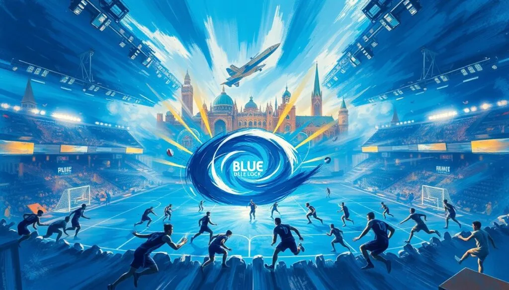 A sprawling sports arena, bathed in vibrant blues and dynamic brushstrokes. In the foreground, the players of Blue Lock engaged in a fierce match, their athleticism and skill captured in bold, expressive strokes. The midground features a swirling vortex of energy, with the players' movements and the ball's trajectory merging into a mesmerizing abstract composition. The background showcases a collage of iconic landmarks and architectural elements from the world of Blue Lock, rendered in a dreamlike, impressionistic style. Warm lighting casts a glow over the scene, heightening the sense of intensity and drama. The entire image conveys the artistic essence of Blue Lock, blending realism and abstraction to create a visually striking and immersive representation.