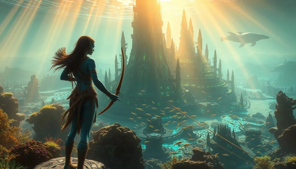 A sprawling underwater city, with glowing bioluminescent coral reefs and towering aquatic structures. In the foreground, a Na'vi warrior stands tall, wielding a traditional bow and arrow, their intricate body paint and flowing hair captured in vivid detail. Beams of warm, golden light filter through the water, creating an ethereal, otherworldly atmosphere. In the middle ground, schools of vibrant, alien fish dart between the city's structures, while in the distance, the silhouettes of massive, whale-like creatures can be seen. The entire scene is imbued with a sense of technological advancement and spiritual connection to the natural world, reflecting the rich, imaginative world of Avatar.