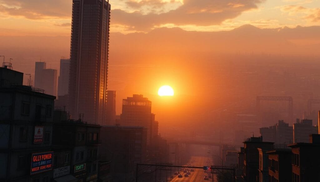 A sprawling urban landscape, the sun setting over the horizon, casting an orange glow across the city. In the foreground, a bustling street lined with neon-lit storefronts and dilapidated apartment buildings. In the middle ground, a towering skyscraper casts a long shadow, its mirrored facade reflecting the chaos below. In the background, a network of overpasses and highways weaves through the cityscape, the faint sound of car engines and sirens echoing in the distance. The scene has a gritty, cinematic quality, evoking the iconic missions of the Grand Theft Auto series, where danger and opportunity lurk around every corner.