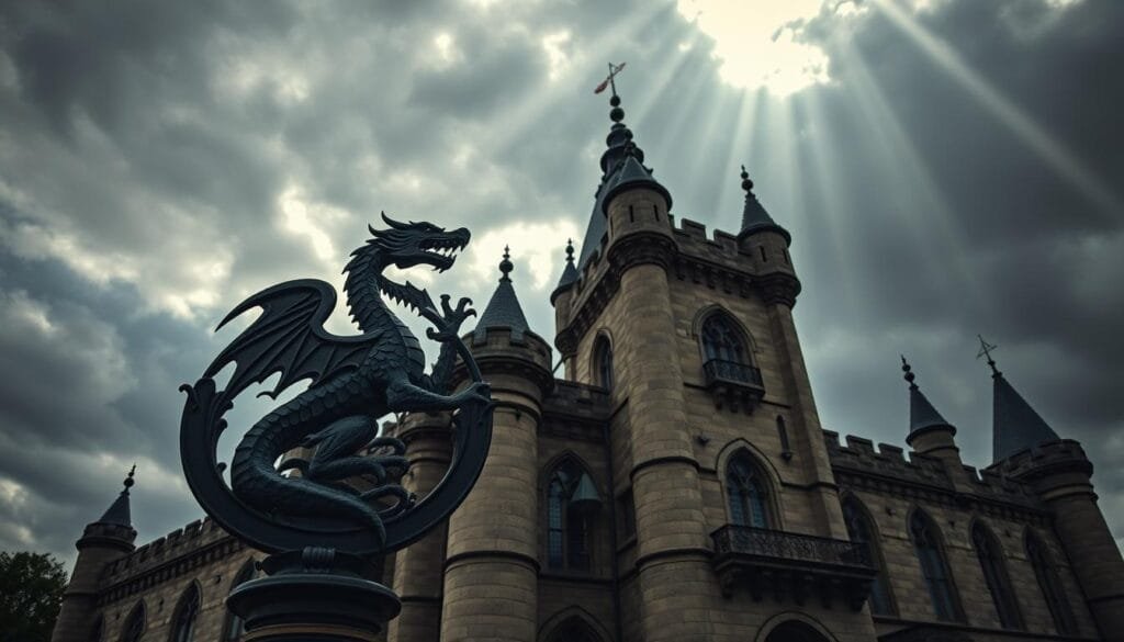 A stately castle against a moody, cloudy sky. In the foreground, the crest and sigil of a noble house - a three-headed dragon emblem etched in intricate metalwork, casting long shadows. The castle's turrets and towers rise majestically, their stone facades weathered by time. Beams of sunlight pierce through the clouds, illuminating the detailed architectural elements - arched windows, ornate balconies, and ornamental spires. The atmosphere is one of regal grandeur, hinting at the power and legacy of the noble inhabitants within. A wide-angle lens captures the full scope of this impressive, iconic House of the Dragon estate.