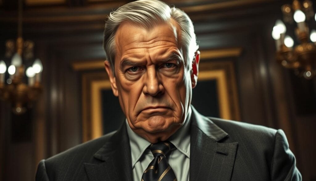 A stern-faced, weathered man in his 60s, Logan Roy, the ruthless patriarch of the Waystar Royco media empire, stands tall and imposing, his piercing gaze commanding attention. Dressed in a tailored charcoal suit, his features are sharply defined, with a steely determination etched in the lines of his face. The lighting is dramatic, casting deep shadows that accentuate his angular features, creating an air of unwavering authority. The background is a dimly lit, richly-appointed office, hinting at the power and influence he wields. The overall atmosphere is one of power, control, and an unyielding resolve that has defined Logan Roy's legacy.