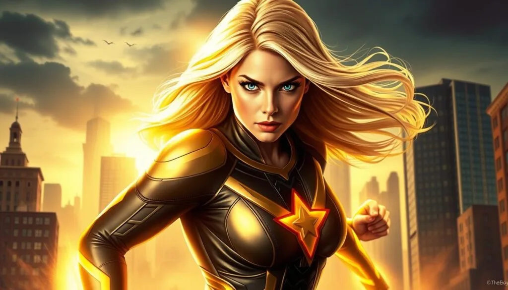 A striking and dynamic portrait of Starlight, the bold and heroic superhero from the hit TV series "The Boys". Set against a dramatic cityscape backdrop, the image captures Starlight in a powerful stance, her blonde hair flowing and her piercing blue eyes filled with determination. The scene is bathed in a warm, golden light that emanates from Starlight's glowing aura, casting an almost ethereal quality over the entire composition. The foreground is sharp and detailed, while the buildings and cityscape in the background are rendered in a more impressionistic, painterly style, creating a sense of depth and contrast. The overall mood is one of strength, confidence, and the unwavering spirit of a true superhero.