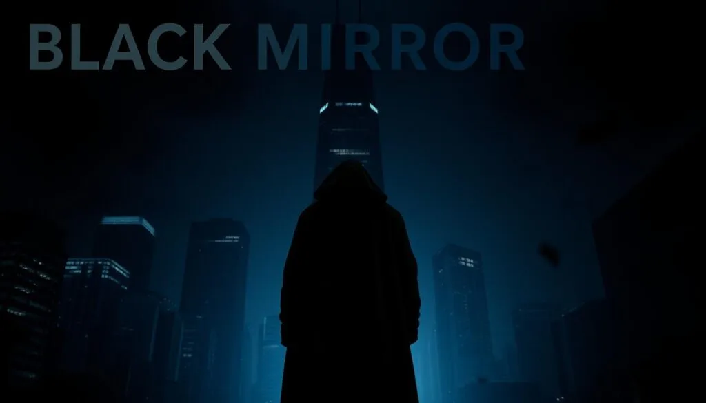 A striking and ominous image of "effective prompts for Black Mirror". Set in a dimly lit dystopian cityscape, with a towering, foreboding corporate skyscraper dominating the background. In the foreground, a lone figure stands facing away, wearing a dark, hooded cloak that obscures their features, symbolizing the anonymous, faceless nature of the modern technological world. The lighting is dramatic, with deep shadows and highlights, creating a sense of unease and tension. The overall atmosphere is one of a bleak, unsettling future, hinting at the dark themes and cautionary tales explored in the Black Mirror anthology series.