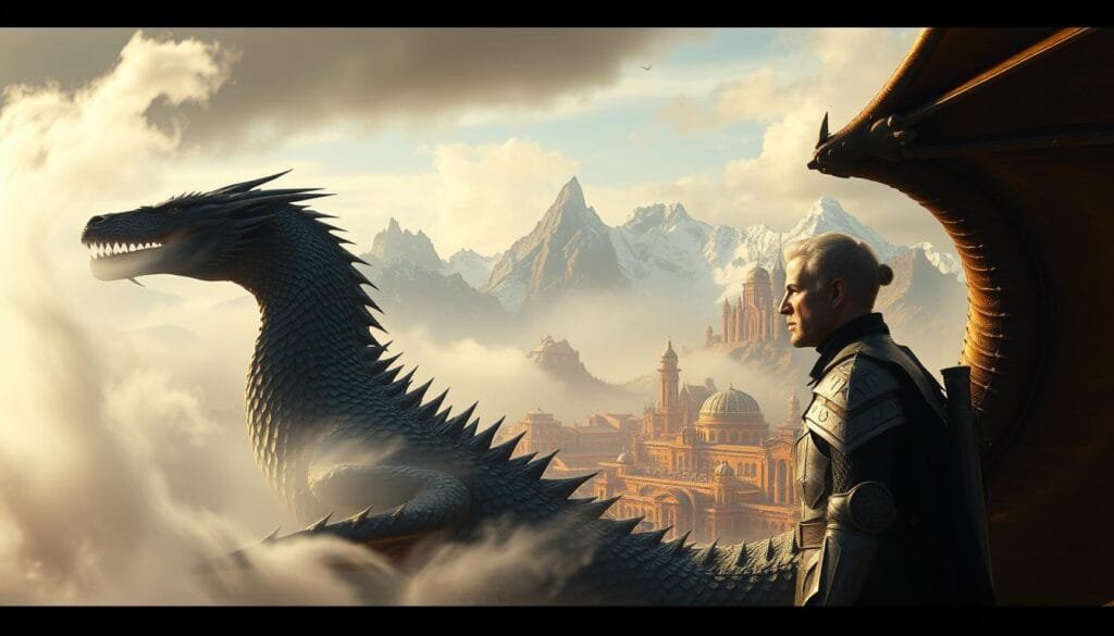 A striking, cinematic portrait of an alternative House Targaryen, with a mystical, dreamlike quality. In the foreground, a fierce yet regal dragon glides through a swirling mist, its scales gleaming with an otherworldly iridescence. The dragon's rider, a striking figure clad in ornate, angular armor, gazes off into the distance with a pensive expression. In the middle ground, a sprawling, fantastical cityscape rises up, its architecture a blend of organic and geometric forms, bathed in a warm, golden light. In the background, towering, jagged mountains loom, their peaks capped with snow and their slopes shrouded in shadow. The overall atmosphere is one of wonder, power, and a sense of the unknown, inviting the viewer to imagine the untold stories of this alternative House Targaryen.