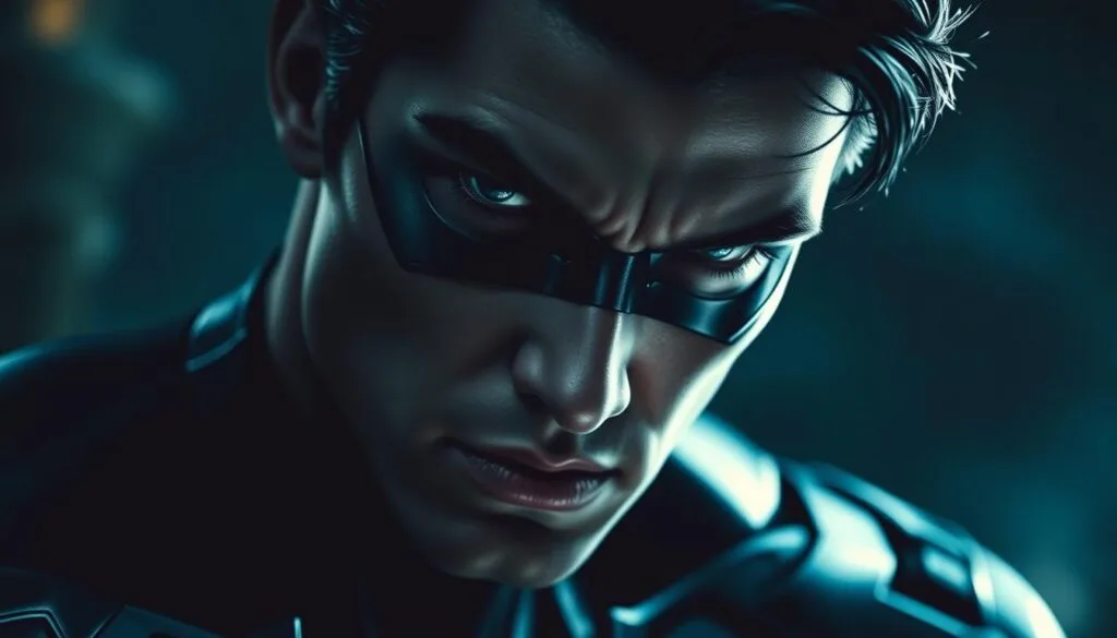 A striking close-up portrait of Nightwing, the iconic Gotham City superhero. The hero's chiseled facial features are rendered in sharp detail, conveying a brooding intensity. The low-angle perspective and dramatic side lighting create deep shadows, accentuating the hero's defined jawline and piercing eyes. Nightwing's sleek, midnight blue costume stands out against a background shrouded in darkness, hinting at the character's stealthy, acrobatic abilities. The image radiates a moody, cinematic atmosphere, capturing the essence of this complex, compelling antihero.