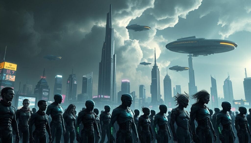A striking cyberpunk cityscape, with a diverse array of cyborg figures in the foreground. The cyborgs display a range of artistic styles, from sleek and minimalist to intricately detailed and organic. Neon lights and holographic displays illuminate the scene, creating a futuristic and visually captivating atmosphere. The middle ground features towering skyscrapers and floating transport vehicles, while the background is dominated by a looming, ominous sky with ominous clouds. Dramatic chiaroscuro lighting casts dramatic shadows, emphasizing the angular, high-tech aesthetics. The overall mood is one of a dynamic, technologically-advanced world where the boundaries between human and machine have been blurred. A striking cyberpunk cityscape, with a diverse array of cyborg figures in the foreground. The cyborgs display a range of artistic styles, from sleek and minimalist to intricately detailed and organic. Neon lights and holographic displays illuminate the scene, creating a futuristic and visually captivating atmosphere. The middle ground features towering skyscrapers and floating transport vehicles, while the background is dominated by a looming, ominous sky with ominous clouds. Dramatic chiaroscuro lighting casts dramatic shadows, emphasizing the angular, high-tech aesthetics. The overall mood is one of a dynamic, technologically-advanced world where the boundaries between human and machine have been blurred.