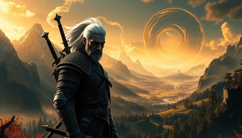 A striking digital art piece depicting the world of The Witcher. In the foreground, the brooding figure of Geralt of Rivia stands resolute, his weathered face framed by a flowing white mane. Intricate armor and twin swords at the ready convey his profession as a monster hunter. The middle ground showcases the fantastical landscapes of the Continent, with towering mountains, dense forests, and a distant city skyline. Warm, golden lighting filters through the scene, casting dramatic shadows and imbuing the image with a sense of mystery and adventure. In the background, a swirling, ethereal portal hints at the supernatural forces that Geralt must confront. The overall composition evokes the gritty, high-fantasy tone that defines The Witcher universe.