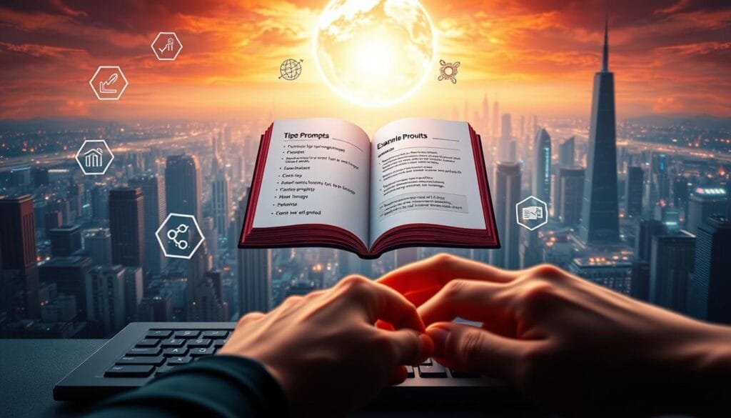 A striking digital artwork depicting "Advanced Techniques to Improve Your Prompts". In the foreground, a hand expertly types on a keyboard, surrounded by floating icons and symbols representing different prompting strategies. The middle ground features a levitating book with pages turning, showcasing example prompts and their visual results. In the background, a vast, futuristic cityscape with towering skyscrapers and a vibrant, neon-lit sky, conveying a sense of technological advancement and innovation. The lighting is a mix of warm and cool tones, creating depth and drama. The overall composition suggests the power of mastering prompt engineering to unlock the full potential of AI-generated imagery.