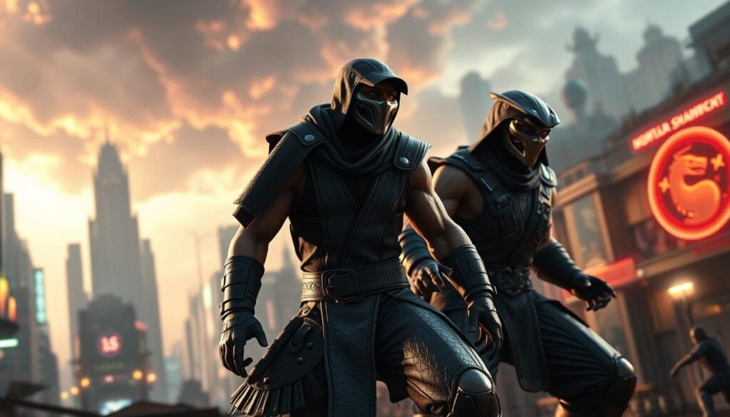 A striking digital artwork depicting the iconic characters and world of Mortal Kombat. Detailed foreground featuring the game's legendary fighters - Scorpion, Sub-Zero, and Raiden - in their classic battle stances, with intricate textures and vivid colors. The middle ground showcases the gritty, dystopian setting of the Mortal Kombat universe, with towering buildings, neon-lit streets, and ominous skies. In the background, a dramatic, cinematic lighting setup casts dramatic shadows and highlights, creating a powerful, immersive atmosphere. The overall image conveys the game's signature blend of intense combat, dark fantasy, and technological elements, reflecting the section title "The art of generating Mortal Kombat images with artificial intelligence."